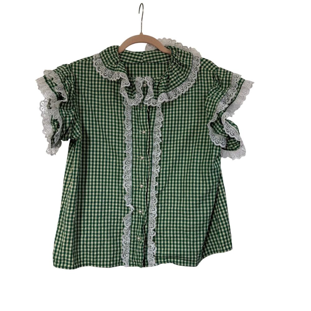 Vintage Green Gingham Prairie Blouse White Lace Ruffle Collar Pearl Buttons